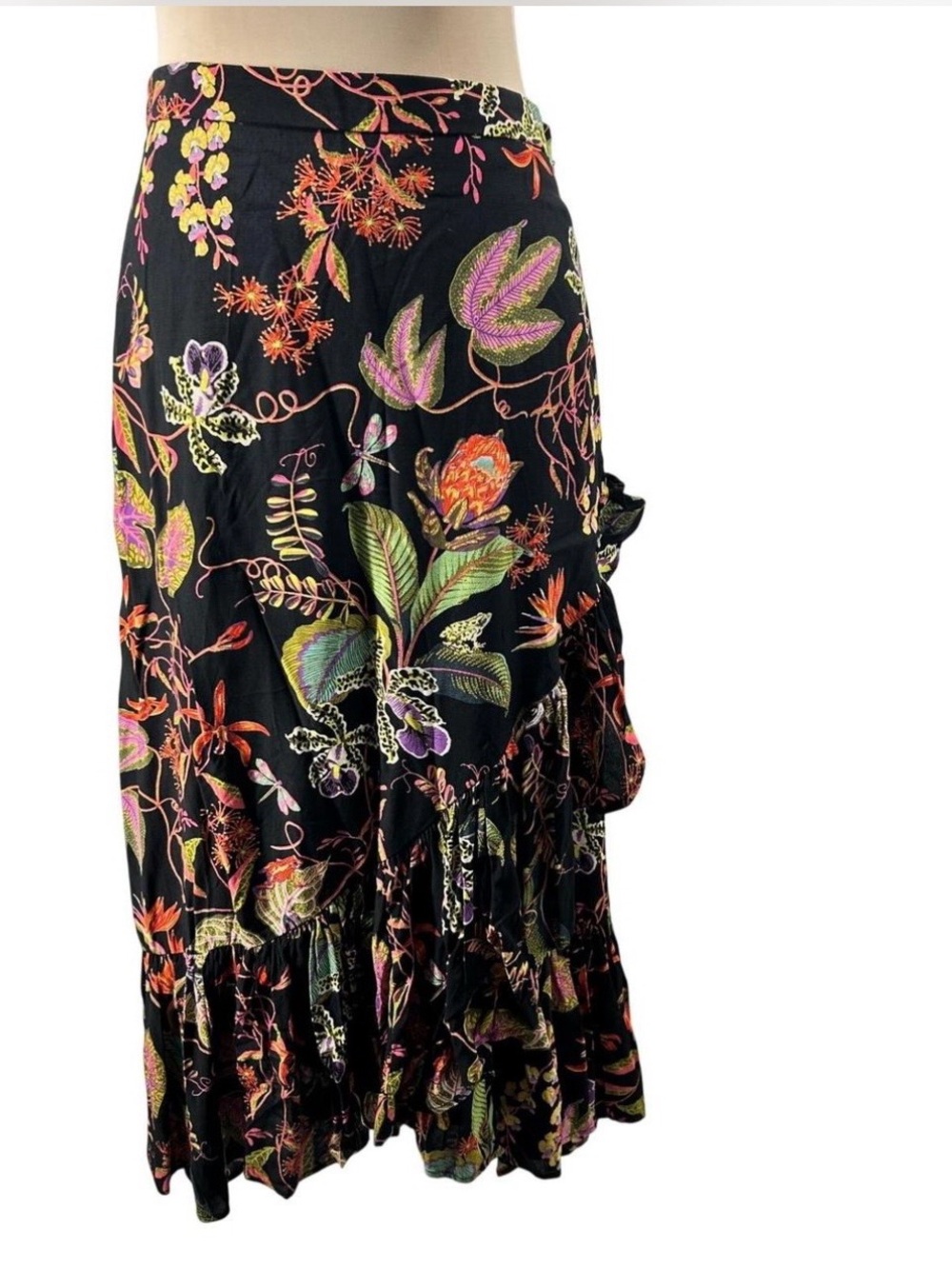 H&M Black Maxi Skirt with Multicolor Botanical Print